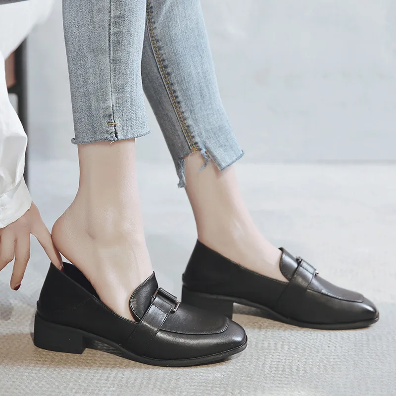 

Red Man Loafers Women's Slip-on Small Leather Shoes Women's British-Style Square Head Shoes Women's 2019 Autumn Semi-high Heeled