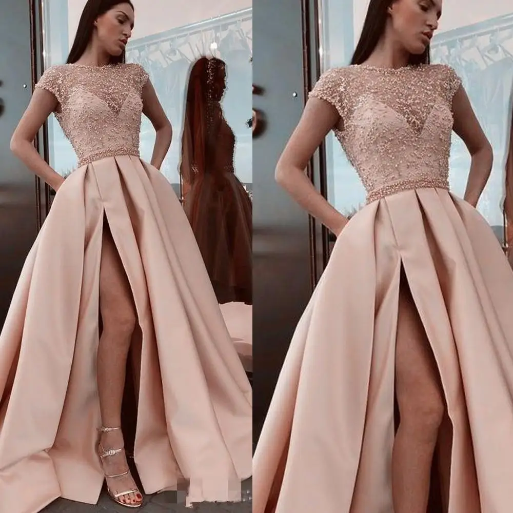 SuperKimJo кепки рукавом вышитые бисером платья для выпускного вечера Vestidos De Graduacion Largos шампанское элегантное выпускное платье с карманами