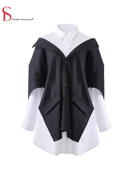 

Double Strawberry Women Long-sleeved Shirt Spring and Autumn New Casual Loose Streetwear Loose Two-piece Mid-length blouses Top