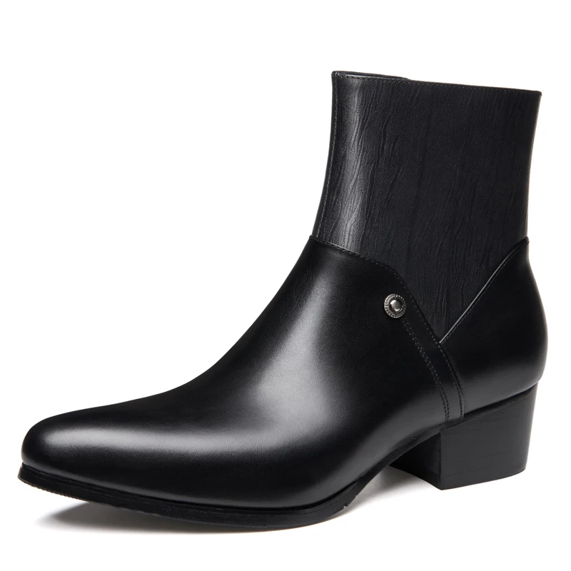 New Italian Genuine Leather Men Ankle Boots Fashion High Heels Men