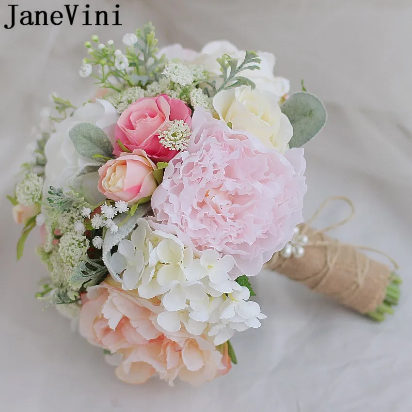 JaneVini Western Style Wedding Bouquet Photo Charm Pink Bridal Bouquet Artificial Flowers Wedding Rose Peonies kwiaty sztuczne