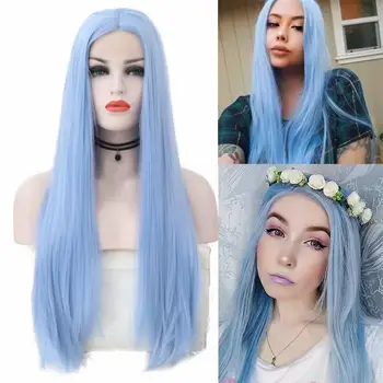 

AIMEYA Sky Light Blue Natural Straight Glueless Synthetic Lace Front Wig for Women Heat Resistant Fiber Hair Lace Wigs Cosplay