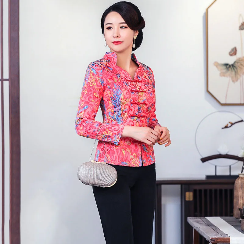 Элегантная теплая одежда Tang с цветочным принтом Qipao, новинка, китайская женская осенняя Зимняя Блузка, топы, утепленная рубашка с длинными рукавами