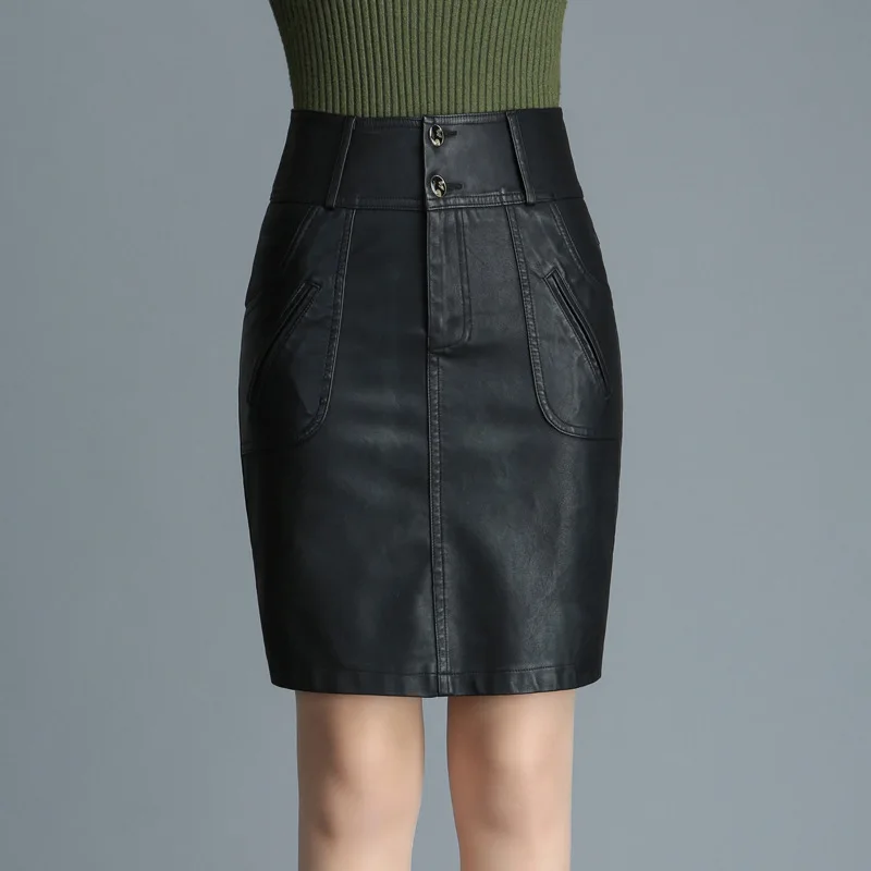 High Quality PU Leather Short Skirt Women High Waist Occupation Work Pencil Skirt Plus Size L-5XL Female Leather Skirt