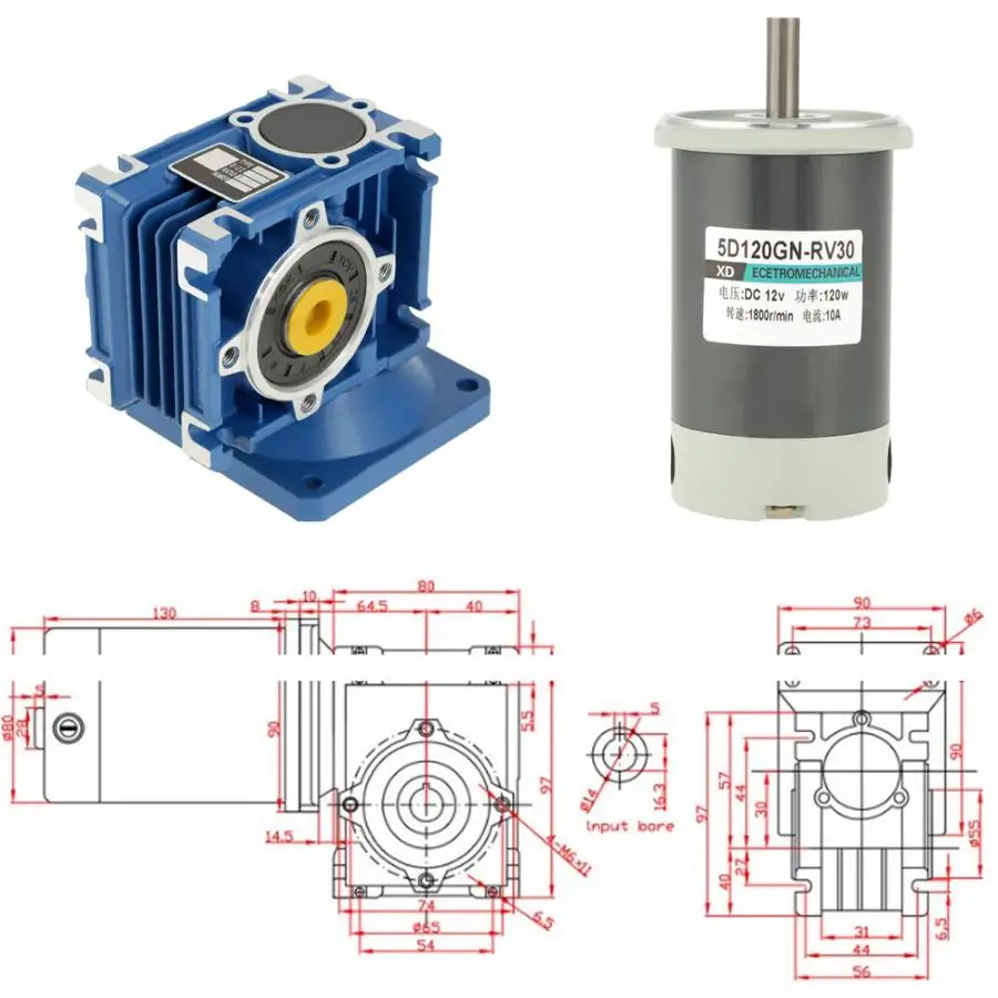 DC 12V 120W RV30 Worm Gear Motor Speed Adjustable CW/CCW with Self-Locking RV30