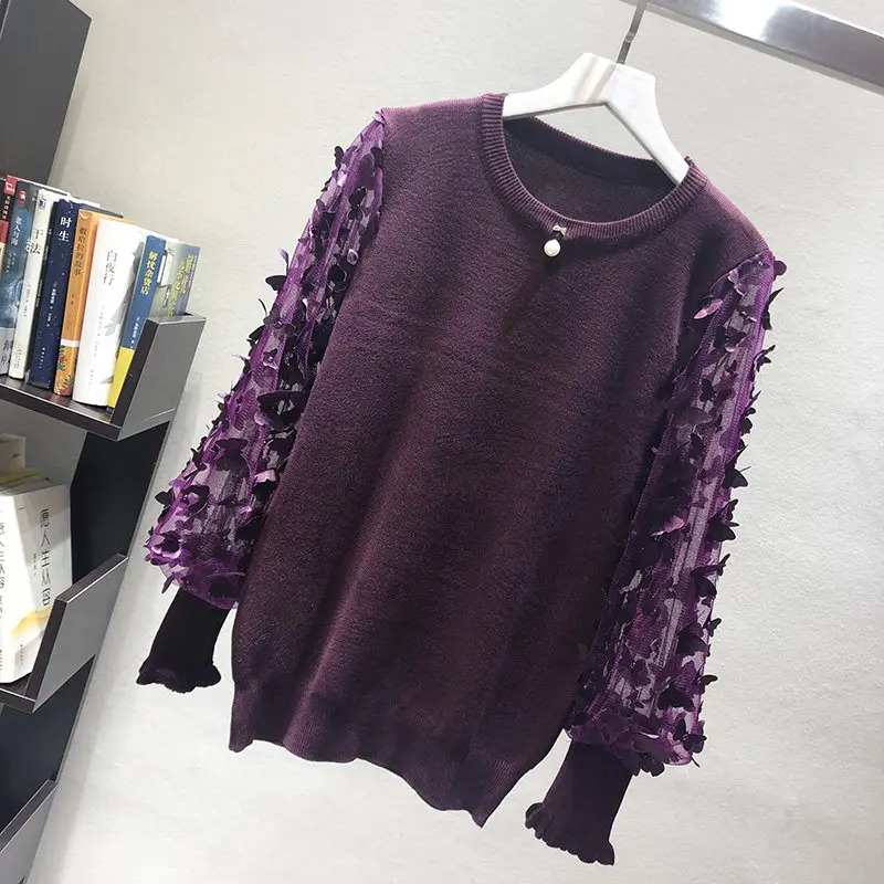 LUOSHA женский осенне-зимний топ с аппликацией бабочки и сетчатым рукавом, вязаный пуловер и свитер женский модный джемпер Pull Femme - Цвет: wine