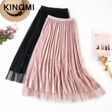 KINOMI новые весенние бархатные юбки трапециевидной формы с бисером и перьями, длинные плиссированные юбки, женские юбки с высокой талией в Корейском стиле OL