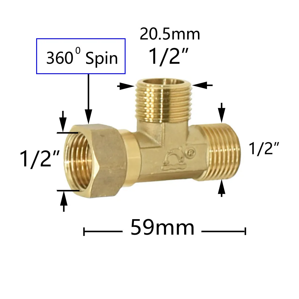 Brass 1/2 Inch Tee Threaded Connector Water Splitter T-shaped Copper Plumbing 1/2 Male Female Connectors 1pcs