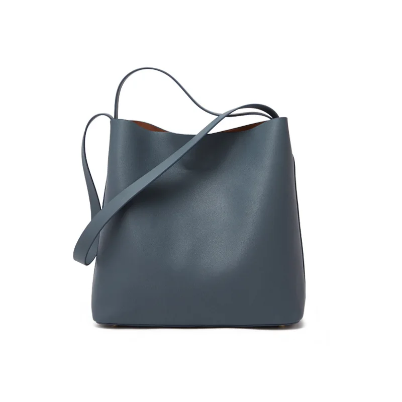 

Dainty Simple Women Cowhide Bucket Bag High Capacity Genuine Leather Handbag Ladies Shoulder Crossbody Double Side Bags DF445