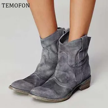 

Women Ankle Boots Winter Suede Square Heel Pointed Toe Vintage Boots Women Botas Mujer Female Ankle Slip-on Cowboy Boots HVT506