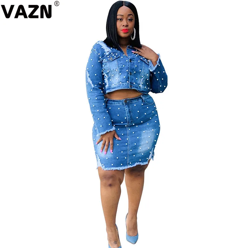VAZN,, высококачественный джинсовый сексуальный обычный комплект размера плюс с длинным рукавом, женские юбки миди, комплект из 2 предметов - Цвет: light blue
