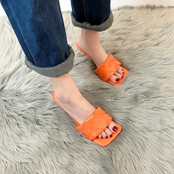 

PU Leather Slippers Gladiator Sandals Women Slides Shoes Summer Snake Print Square Toe Thin Heels slippers party shoes 2020