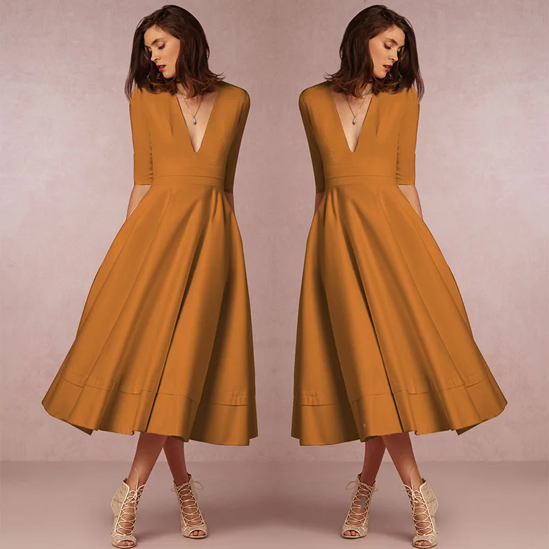 Осенне-зимнее платье женское повседневное винтажное элегантное короткий рукав сексуальный глубокий V бальное платье с круглым вырезом длинное платье плюс размер - Цвет: Khaki