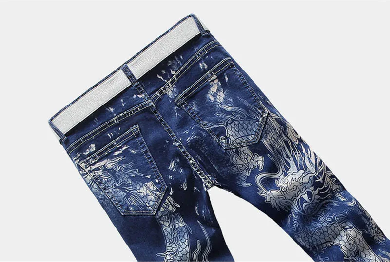 KIOVNO Men Fashion Printed Jeans Pants Dragon Painted Slim Fit Denim Trousers For Male Size 28-38 Blue Color (5)