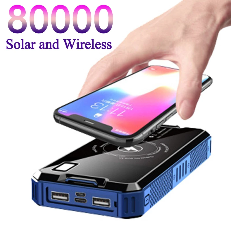 Banco de energía Solar de 80000mAh, paquete de batería Solar portátil inalámbrica para teléfono, cargador externo de viaje al aire libre