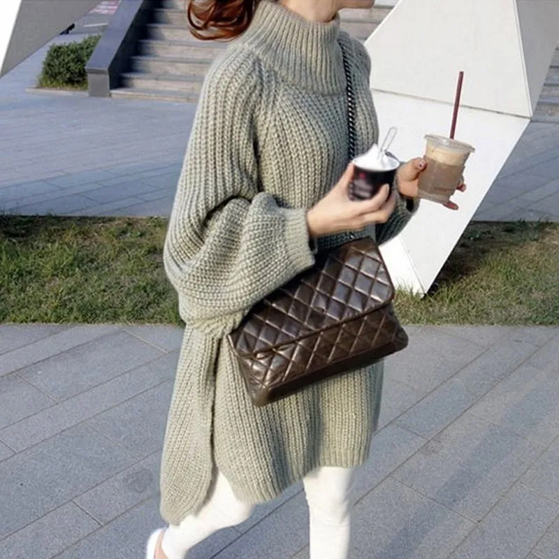 Lantern Sleeve Side Slit Sweaters Loose 