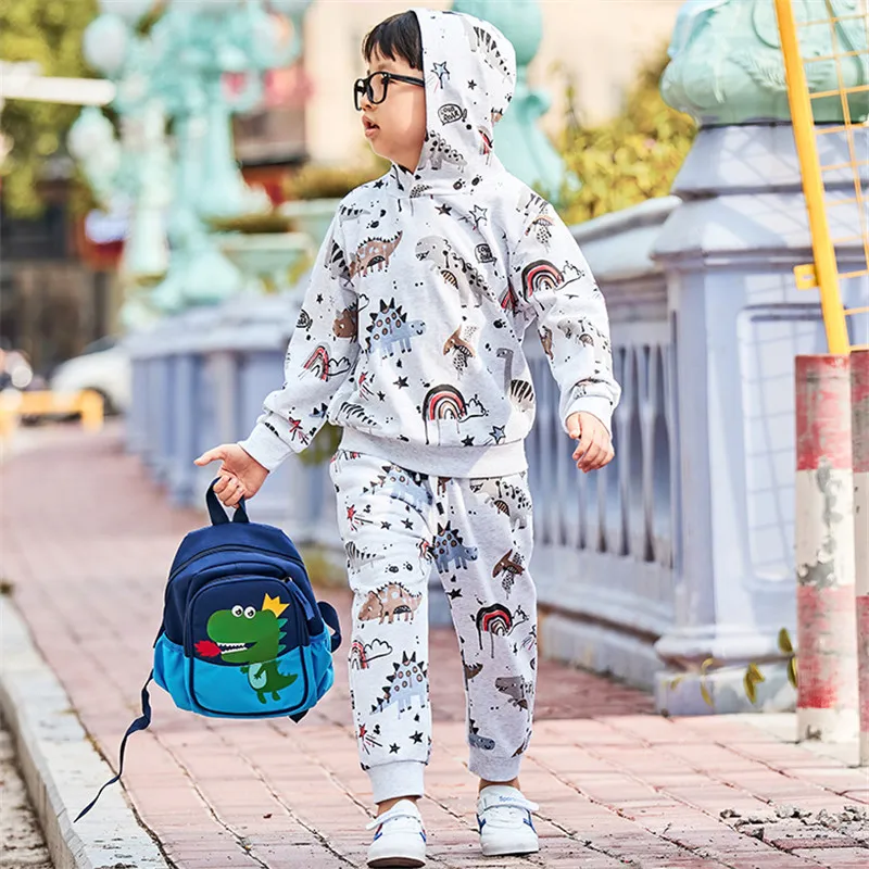 

Jumping Meters Hot Selling Boys Girls Hooded Clothing Sets Dinosaurs Print Autumn Winter Kids Outfits Hooded + Sweatpants Suit
