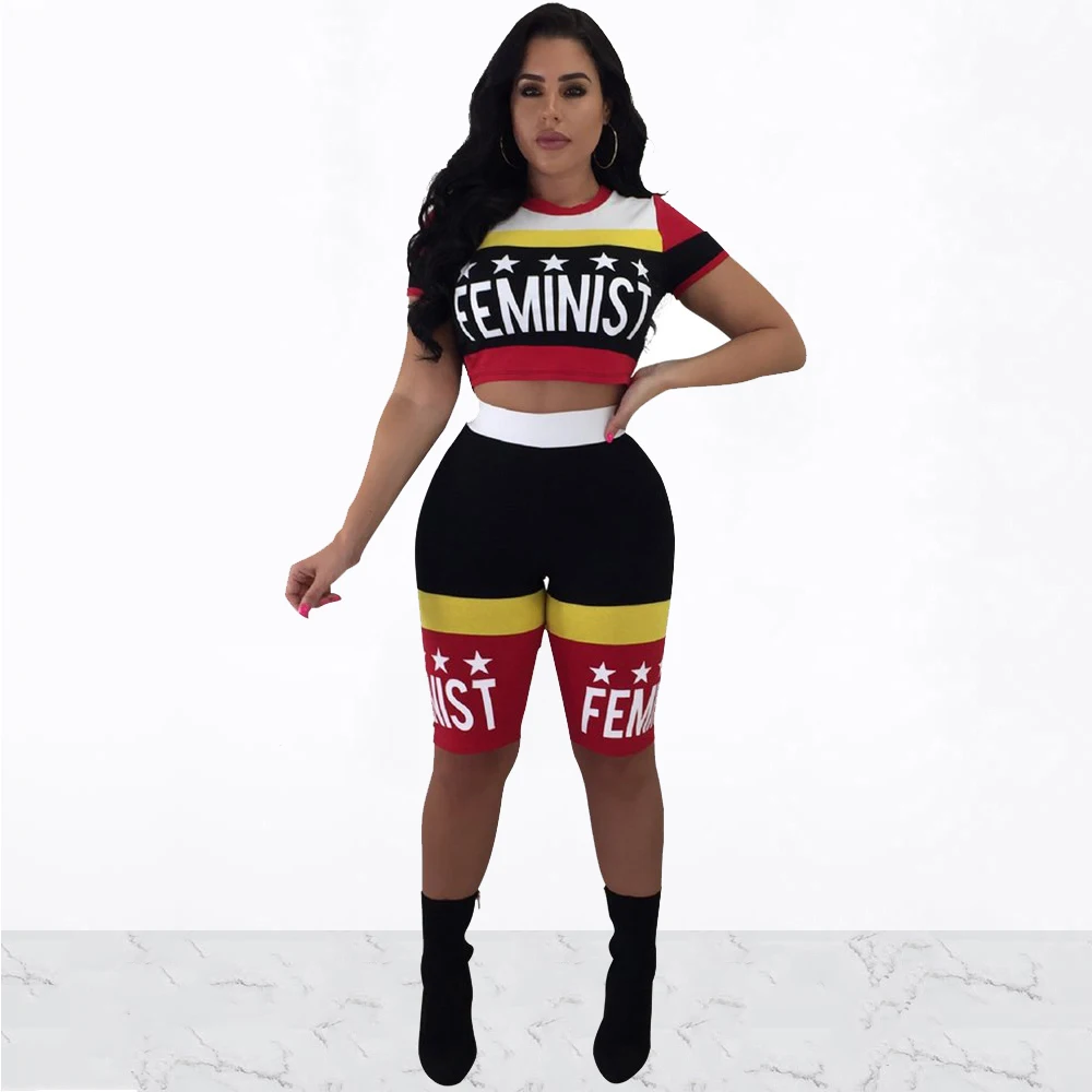 

Letter Print Patchwork 2 Piece Set Women Casual Short Sleeve Tee Top and Short Pants Tracksuit Summer Sportwear Matching Sets