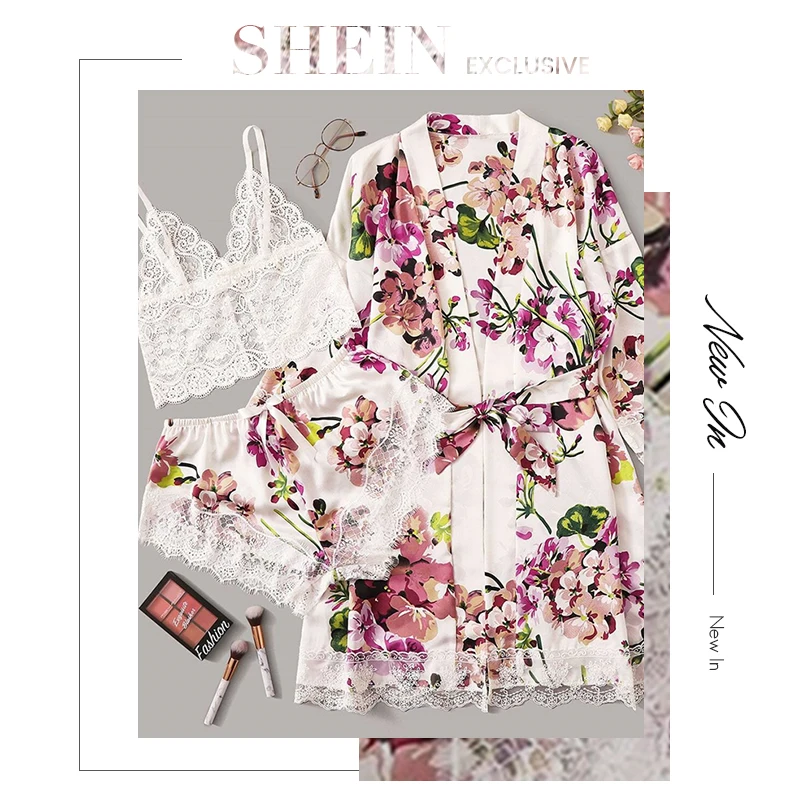 SHEIN многоцветный цветочный кружевной бюстгальтер без косточек с атласными шортами и поясом набор халатов женская пижама Сексуальное нижнее белье наборы