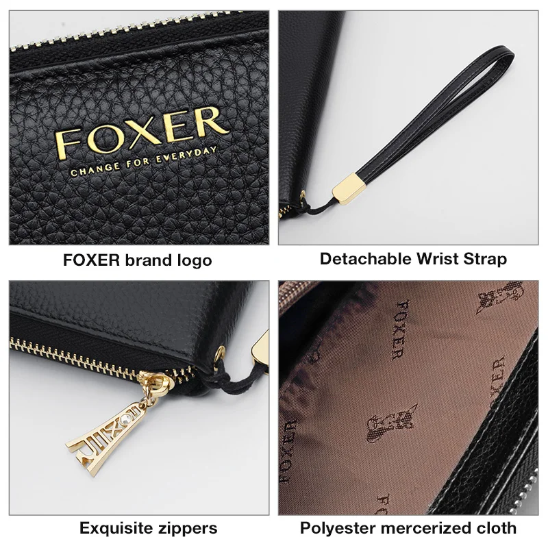 Foxer, женский элегантный длинный кошелек из воловьей кожи, 18 отделений для карт, большая вместительность, модная женская сумка для денег, классический клатч для женщин, подарок