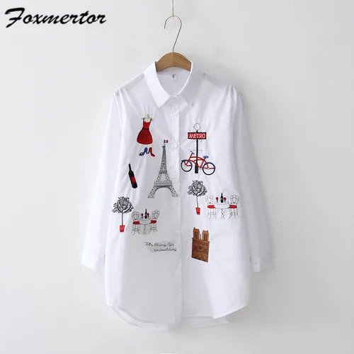 Cute Cartoon Embroidered White Shirt Autumn Women Blouse Embroidered Women Blouses Tops Loose Long Sleeve Shirt Blusas - Цвет: Tower