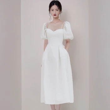 

2020 Women Summer Dress White Elegant OL Puff-sleeves Mid-calf Solid Empire Long Party Dress Slim Office Work Dress Robe Femme