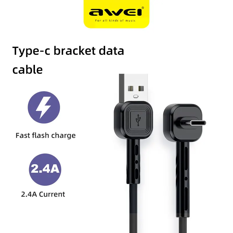 Awei CL-66 1 5 м USB Type-C 90 градусов быстрая зарядка Usb C телефонный кабель с держателем для