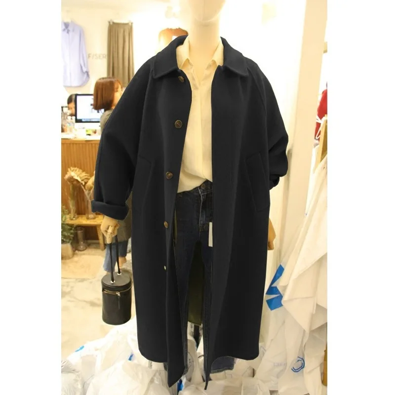 

Autumn and Winter Fur Black Coat women Mid-length 2019 New Single-button Loose Black Pop Coat Tide Turn-down coat women