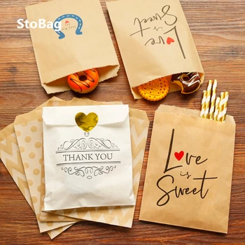 

StoBag 25pcs Dot Food Candy Gift Kraft Paper Bags Bread Baking Packaging Donuts Snacks For Birthday Party Baby Show Supplies