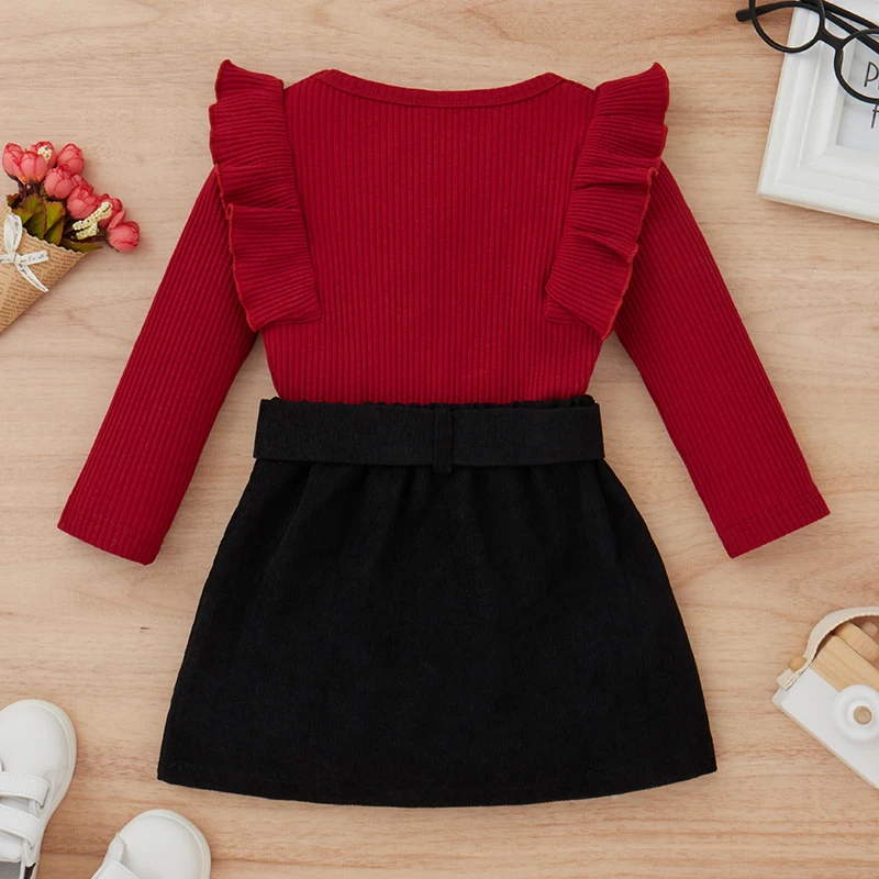 Toddler Baby Girl Fall Winter Clothes Solid Knit Ruffle Pullover Tops Corduroy Mini Skirts Outfits For 1-4 Years Baby Girl for kids clothing set,girls clothing set,boys clothing set,kids sweatshirt set