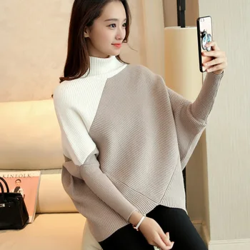 

Batwing Sleeve Patchwork Korean Fashion Winter Woman Sweater Knitting Pullovers Sweater Women Pullover Knitted Jumpers Ladies