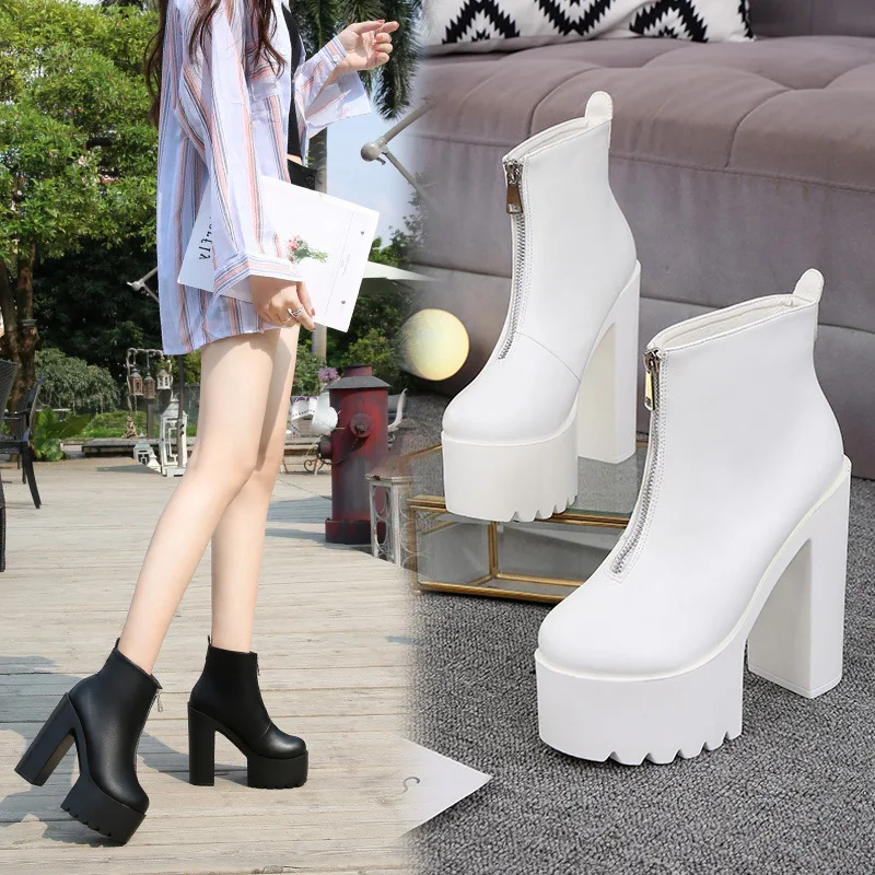 

2018 New Style 14 Cm Europe And America Ultra-High-Heel Short Boots Platform Waterproof Platform Zipper WOMEN'S Shoes Catwalk Mo