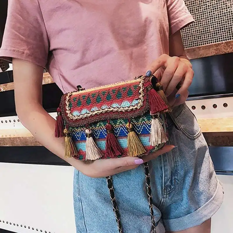 Women Tassel Weave Shoulder Messenger Crossbody Chain Bags Satchel Bag
