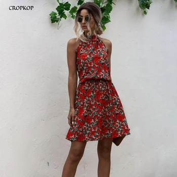 

Floral Dress Women Sexy Strapless Casual Flower Bow In Back Summer Beach Sundress Mini Short 2020 Trendy Red Clothes For Women