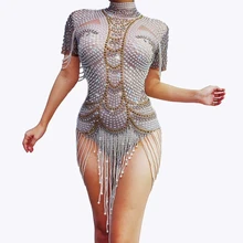 Роскошные жемчужные стразы, боди, сексуальное, для выступлений, для женщин, певиц, трико, одежда для сцены, для дня рождения, для вечеринки, стрейчевый наряд, Одежда для танцев