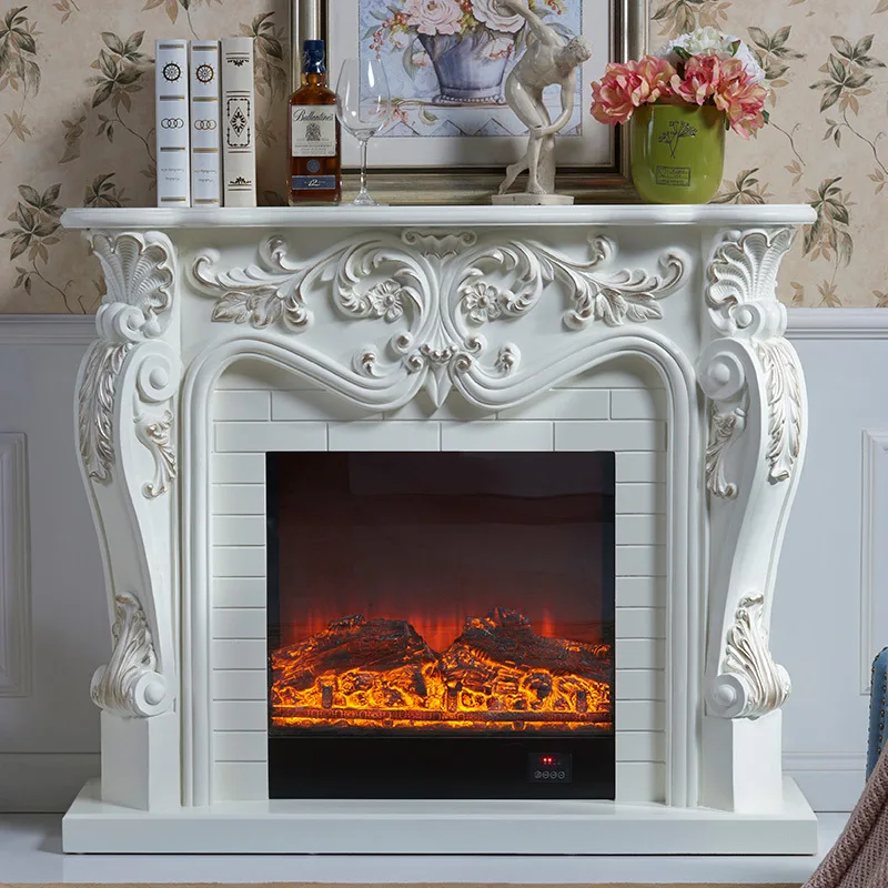 European Fireplace Set Carved Wood Mantel W120cm plus Electric Firebox Insert Living Room Decor LED Optical Flame Decoration