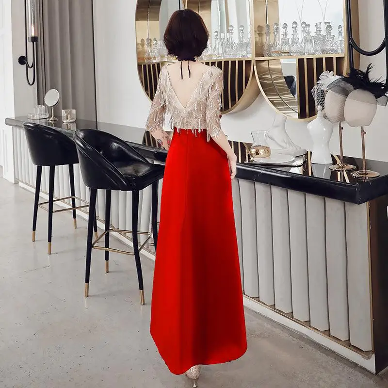 Блестки женское элегантное свадебное платье для невесты красный халат с коротким рукавом De Soiree Qiapo бант перспективный v-образный вырез короткий чонсам - Цвет: Red B
