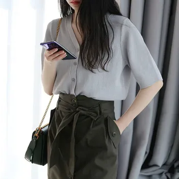 

Women's Knitted Short Sleeve Cardigan Sweater Single Breasted V Neck Casual Tops 2020 New Spring Summer