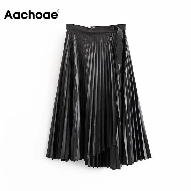 Black Faux Leather Pleated Skirt Streetwear Asymmetrical Midi Shirt With Belt Autumn Winter Vintage Elegant Office Skirt