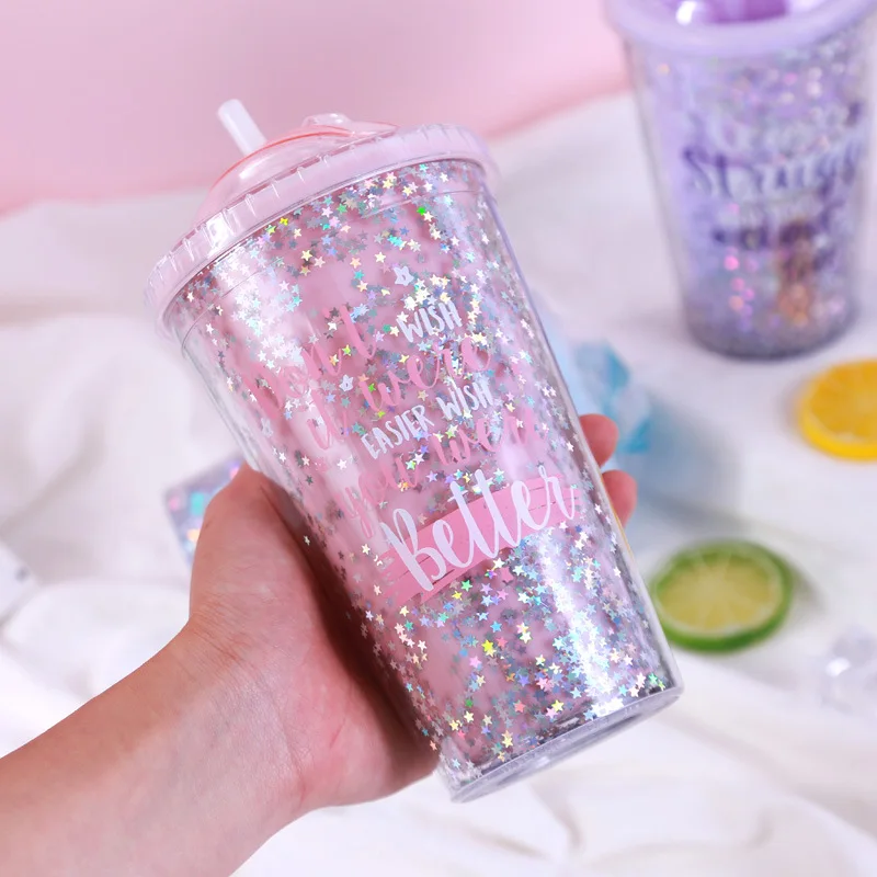 

Plastic Portable Hand-held Double Straw Cup Double Layer Student Water Cup 2019ing