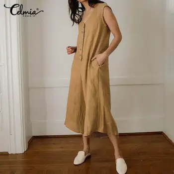 

Women's Vintage Jumpsuits 2020 Celmia Summer Wide Leg Pants Palazzo Overalls Playsuits Short Sleeve Romper Macacao Feminino 5XL