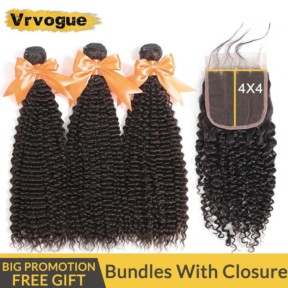 

Indian Hair Bundles With Closure Kinky Curly Bundles With Closure 100% Remy Human Hair Extensions Free Shipping Vrvogue Hair