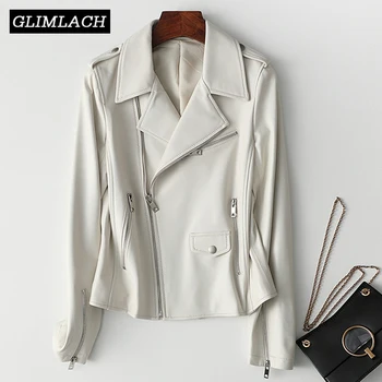 

New Motorcycle Biker Jacket Women Slim Short White Real Leather Coat Streetwear Genuine Leather Jacket Ladies Quality Sheepskin