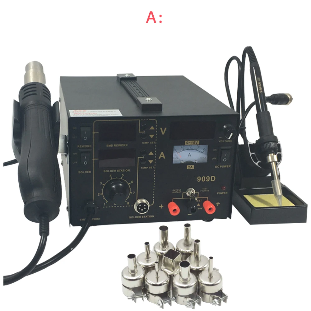 A Высокая qualkity 909D паяльник+ горячий воздух пистолет 3 в 1 пистолеты горячего воздуха паяльная станция питания многофункциональная паяльная станция - Цвет: A