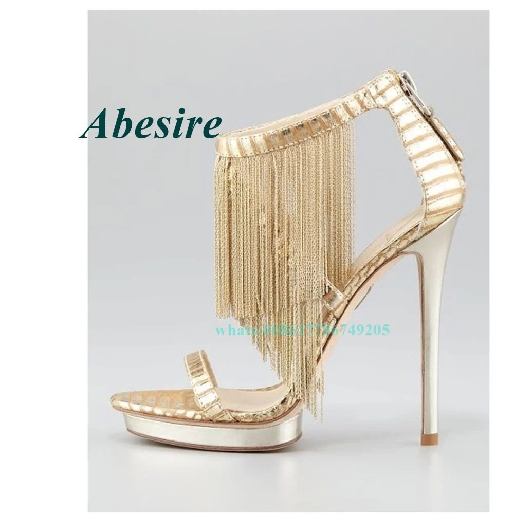 

Round Toe Platform Fringe Sandals Stiletto Tassel High Heels Zipper Newborn Fashion Women Summer Shoes Black Gold Pink Party
