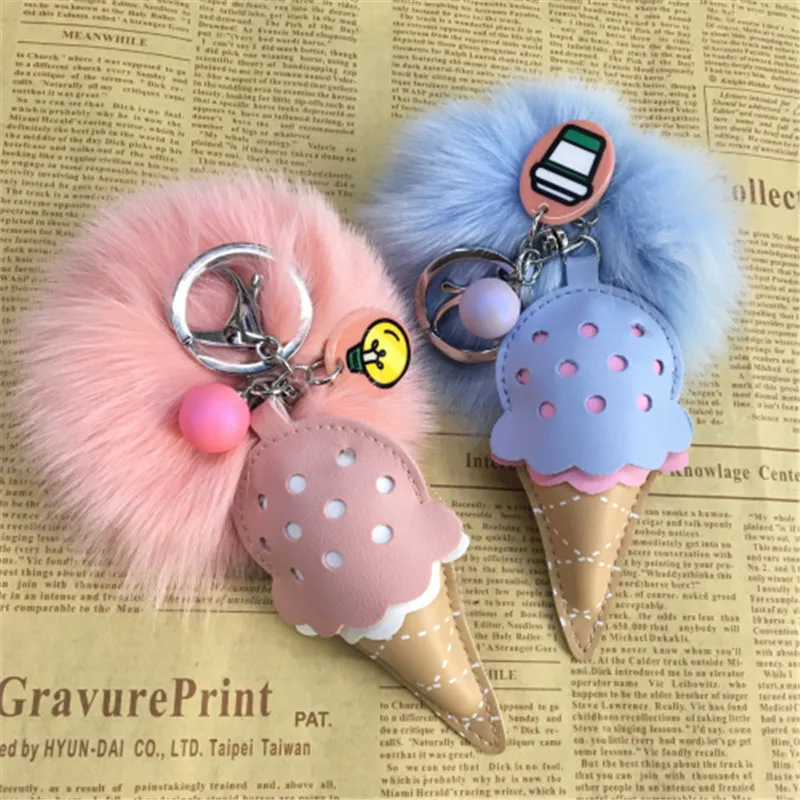 

10cm Cute Fluffy Genuine Real Fox Fur Ball Pom Poms Keychain ice cream Leather Strap Key Chain Ring Women Metal Ring Pendant