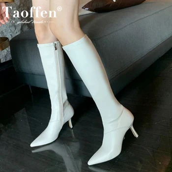 

TAOFFEN 2020 New Women Knee High Boots Thin High Heel Zipper Shoes Pointed Toe Winter Warm Boots Fashion Footwear Size 33-40