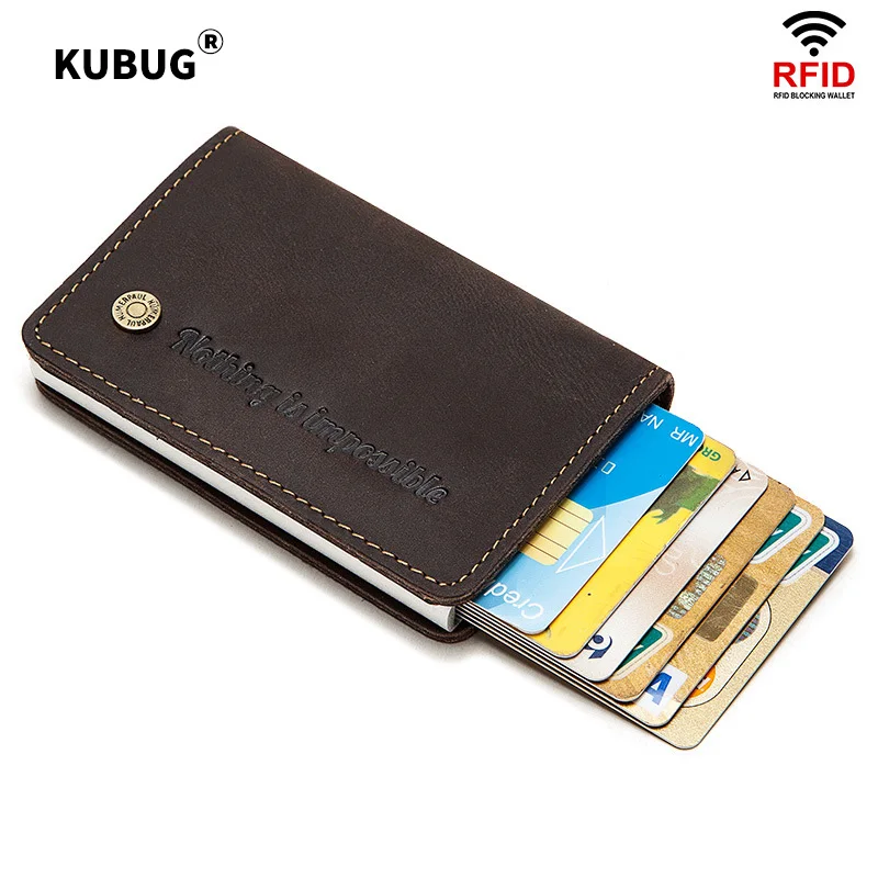 KUBUG Genuine Leather Wallet Slim Rfid Blocking Protection ID Credit Card Holder Men Metal Aluminum Automatic Business Purse