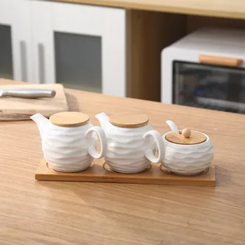 

Kitchen Ceramic Seasoning Tank Set Storage box Sealed Wooden Cover Wood Tray Spice Jars Set Salt Pepper Shakers Seasoning Sprays