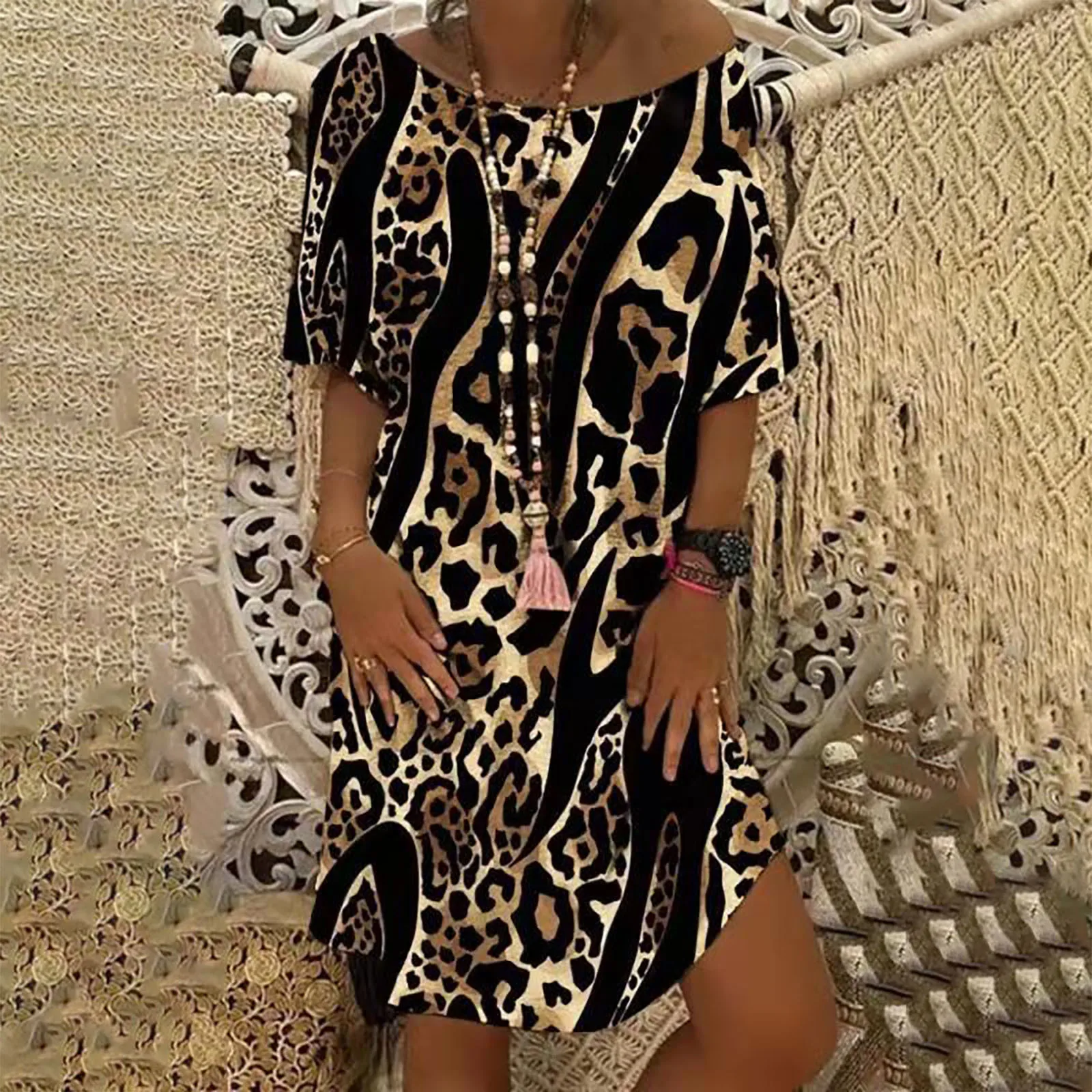 Summer Fashion Women Dress New Elegant Leopard Print Female Dresses Casual O-Neck Patchwork Ladies Short Sleeve Dresses 1